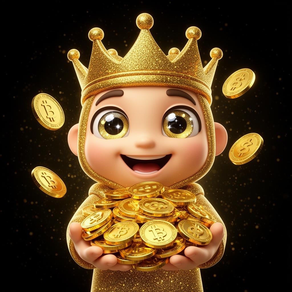 Goldie holding a pile of gold coins for the community